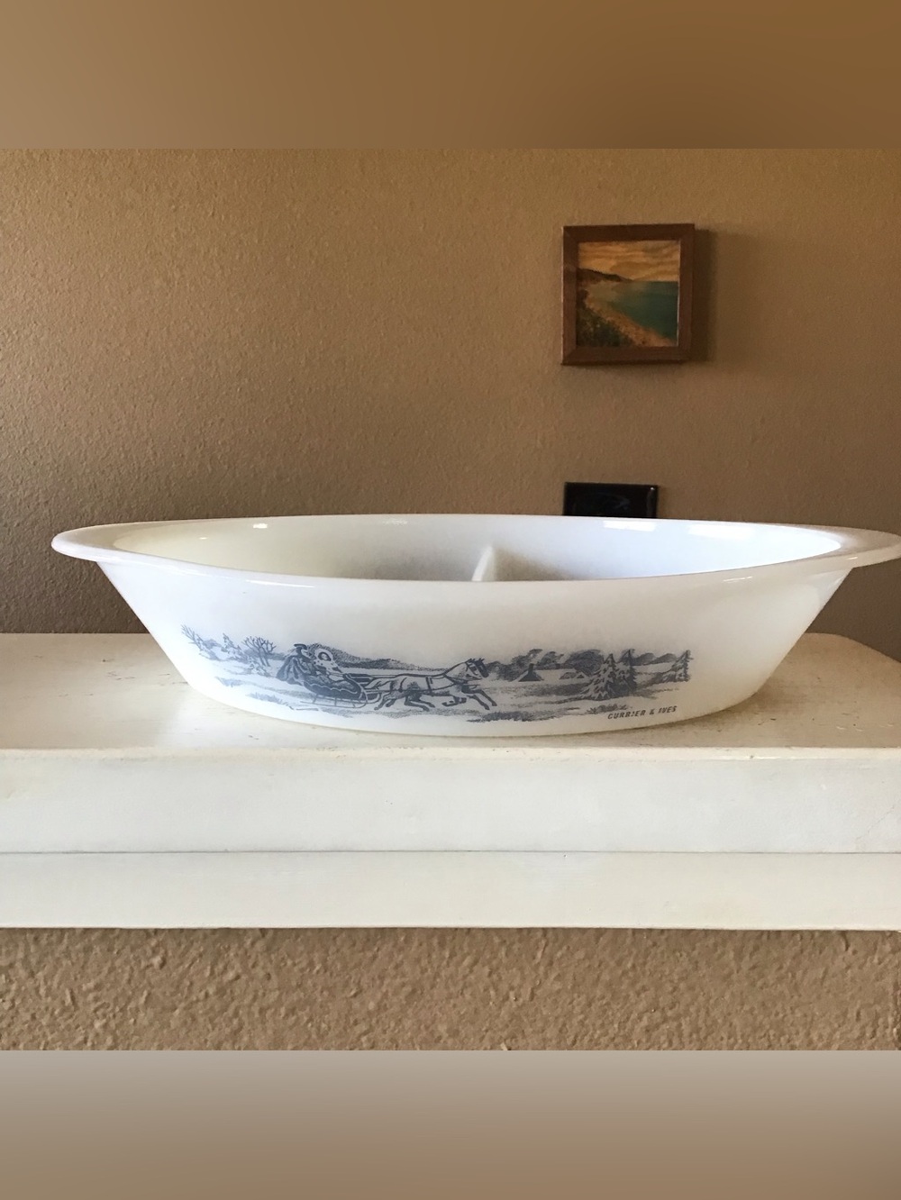 Vintage Glasbake Currier & Ives Divided Casserole Milk Glass Baking Dish